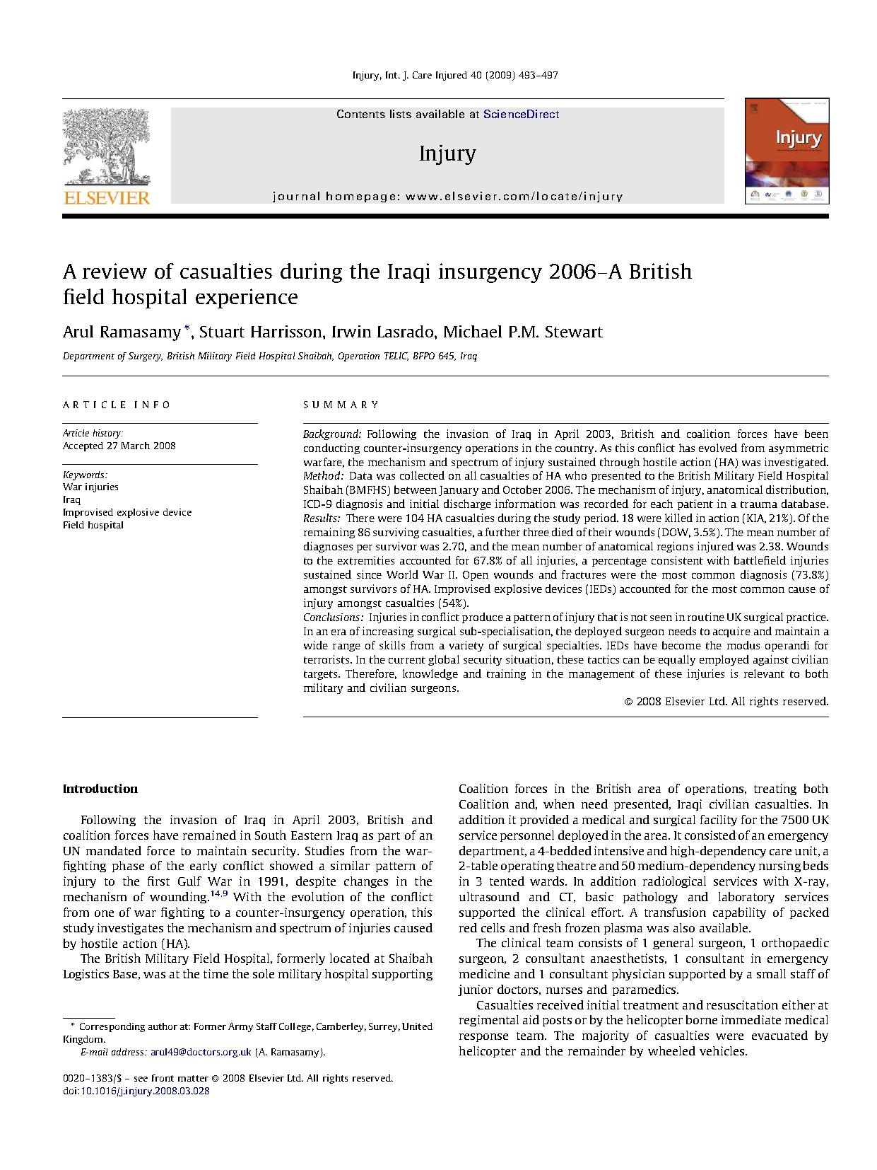 A review of casualties during the Iraqi insurgency 2006–A British field hospital experience
