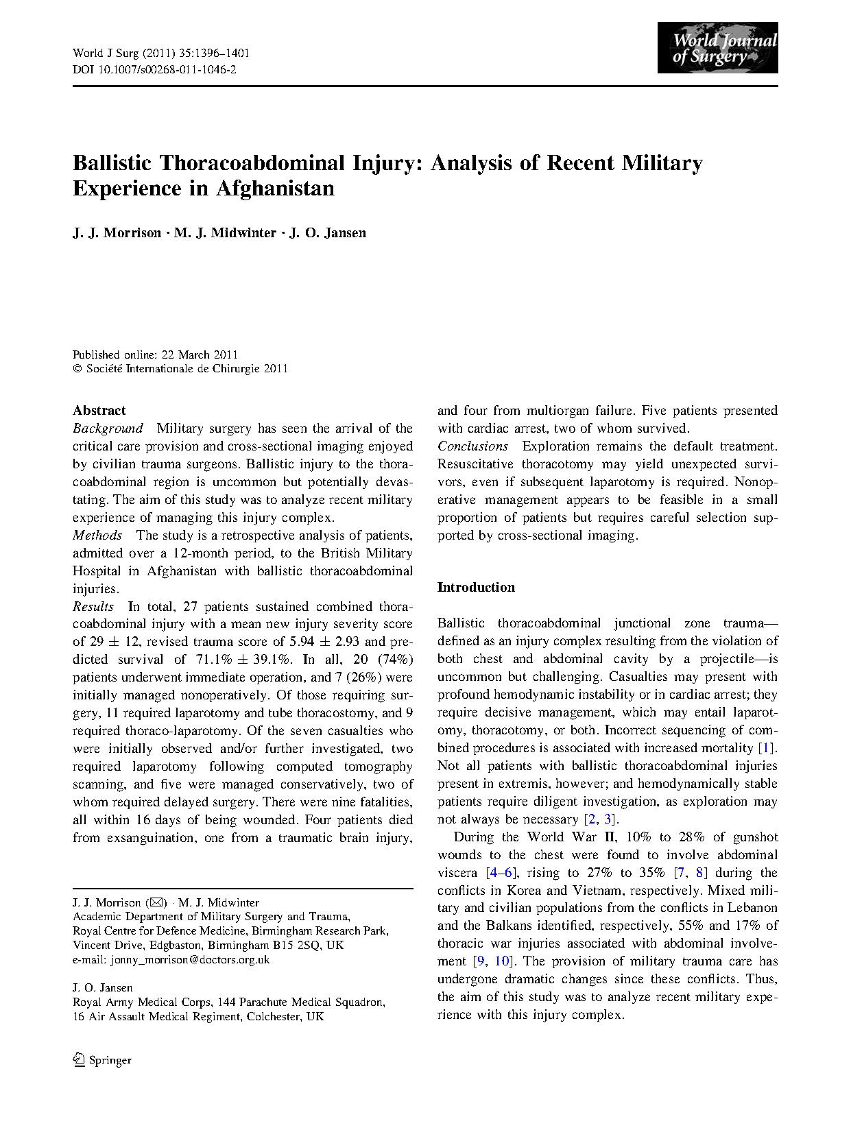 Ballistic Thoracoabdominal Injury: Analysis of Recent Military Experience in Afghanistan