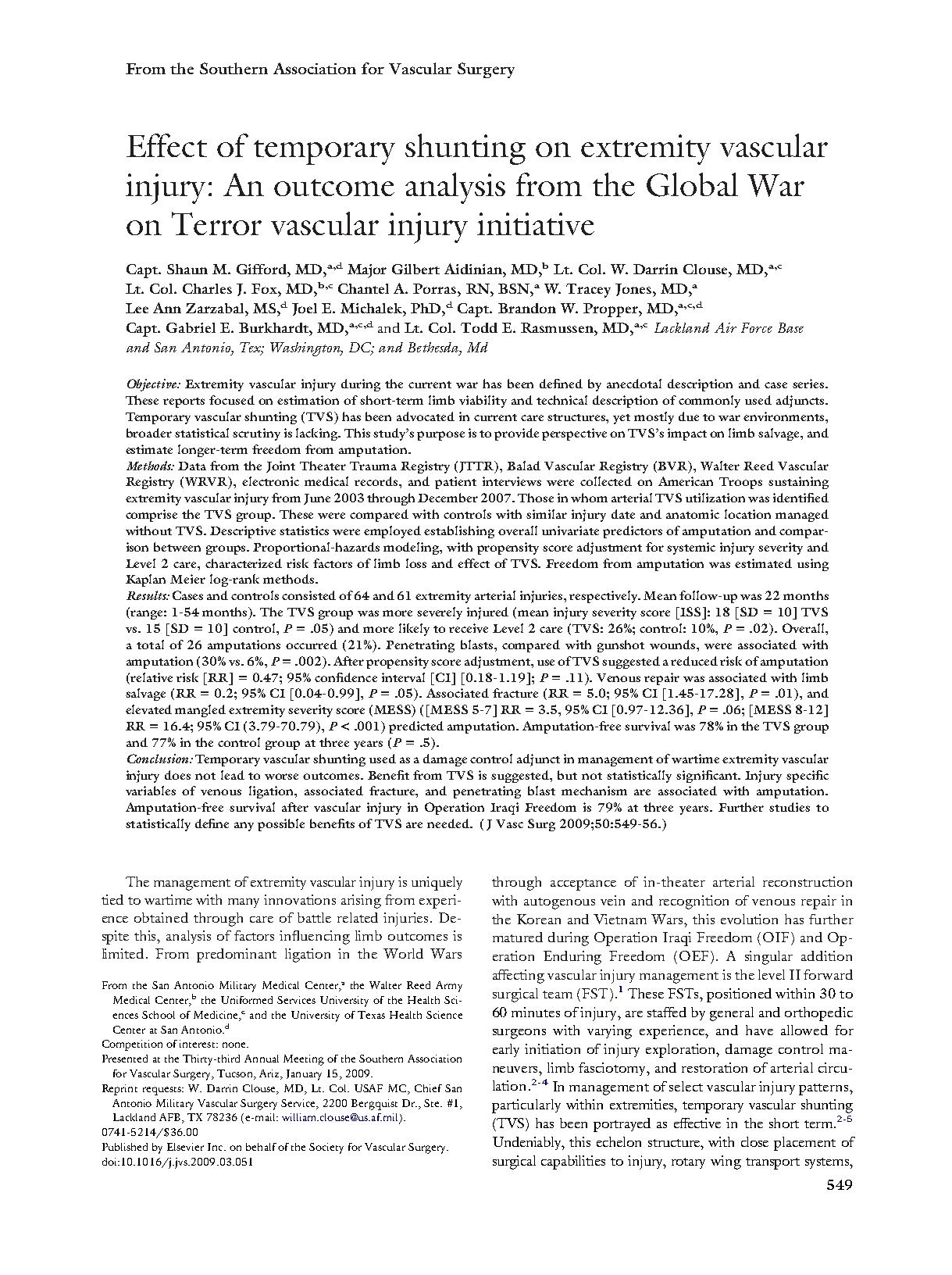 Effect of temporary shunting on extremity vascular injury: An outcome analysis from the Global War on Terror vascular injury initiative