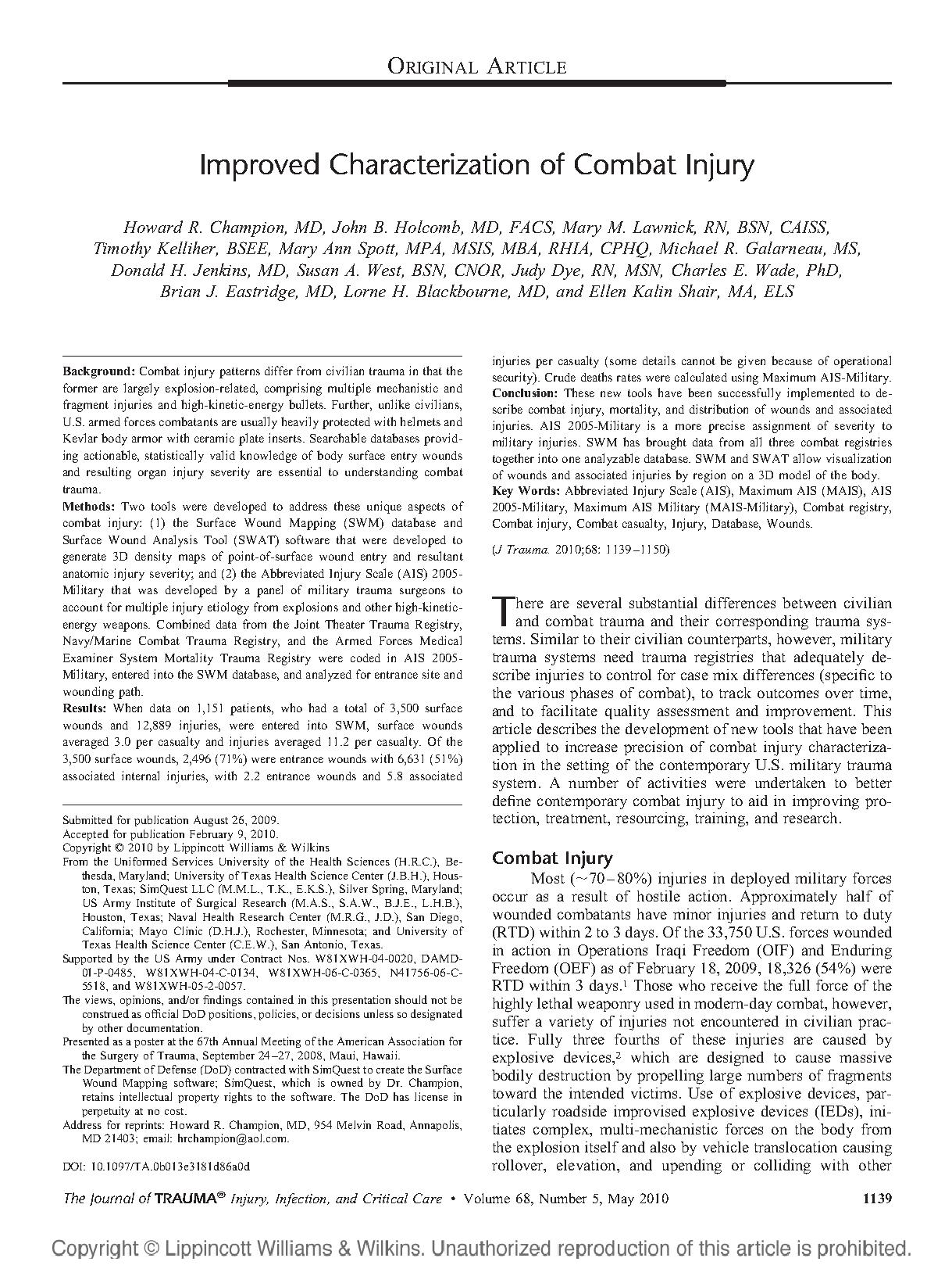 Improved Characterization of Combat Injury