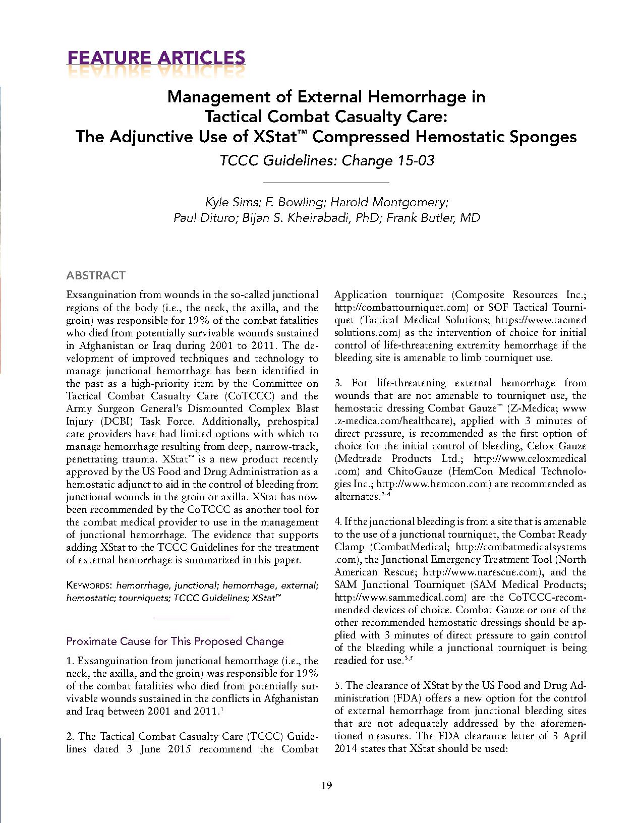 Management of External Hemorrhage in Tactical Combat Casualty Care: The Adjunctive Use of XStat™ Compressed Hemostatic Sponges