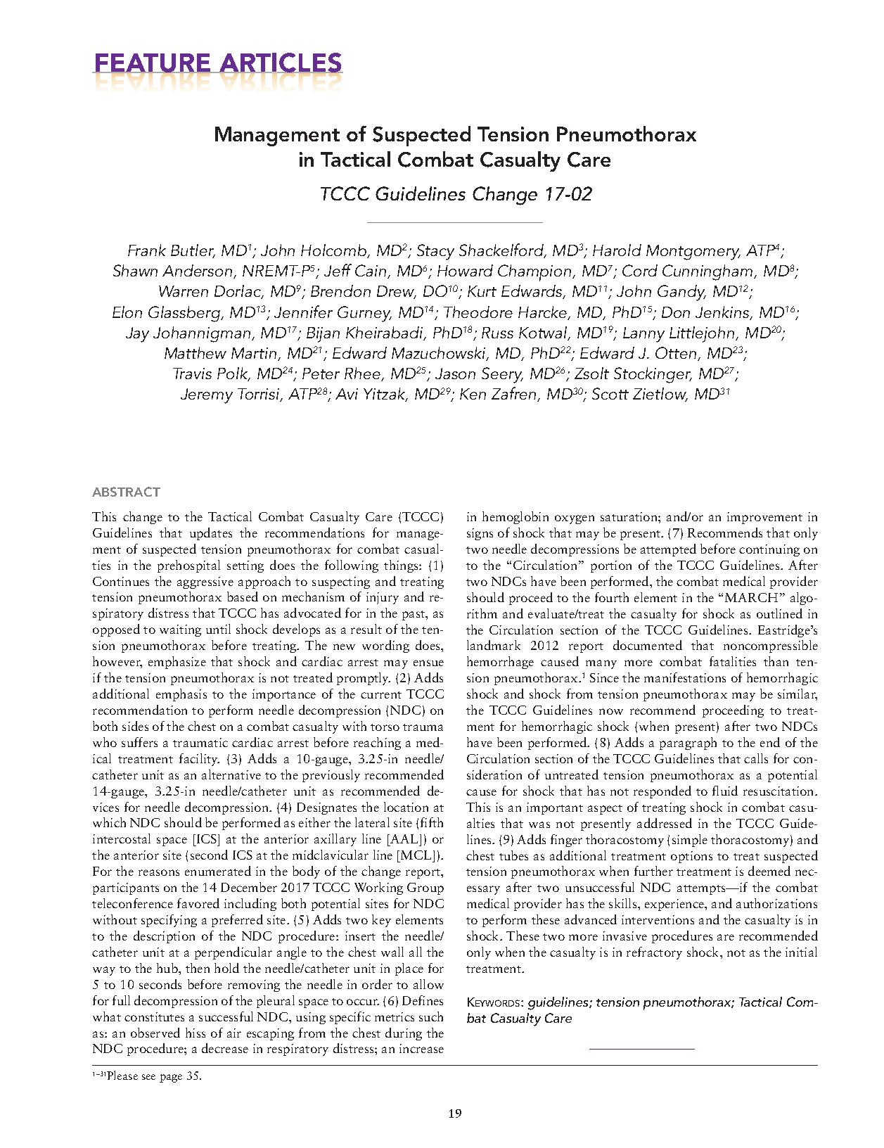 Management of Suspected Tension Pneumothorax in Tactical Combat Casualty Care