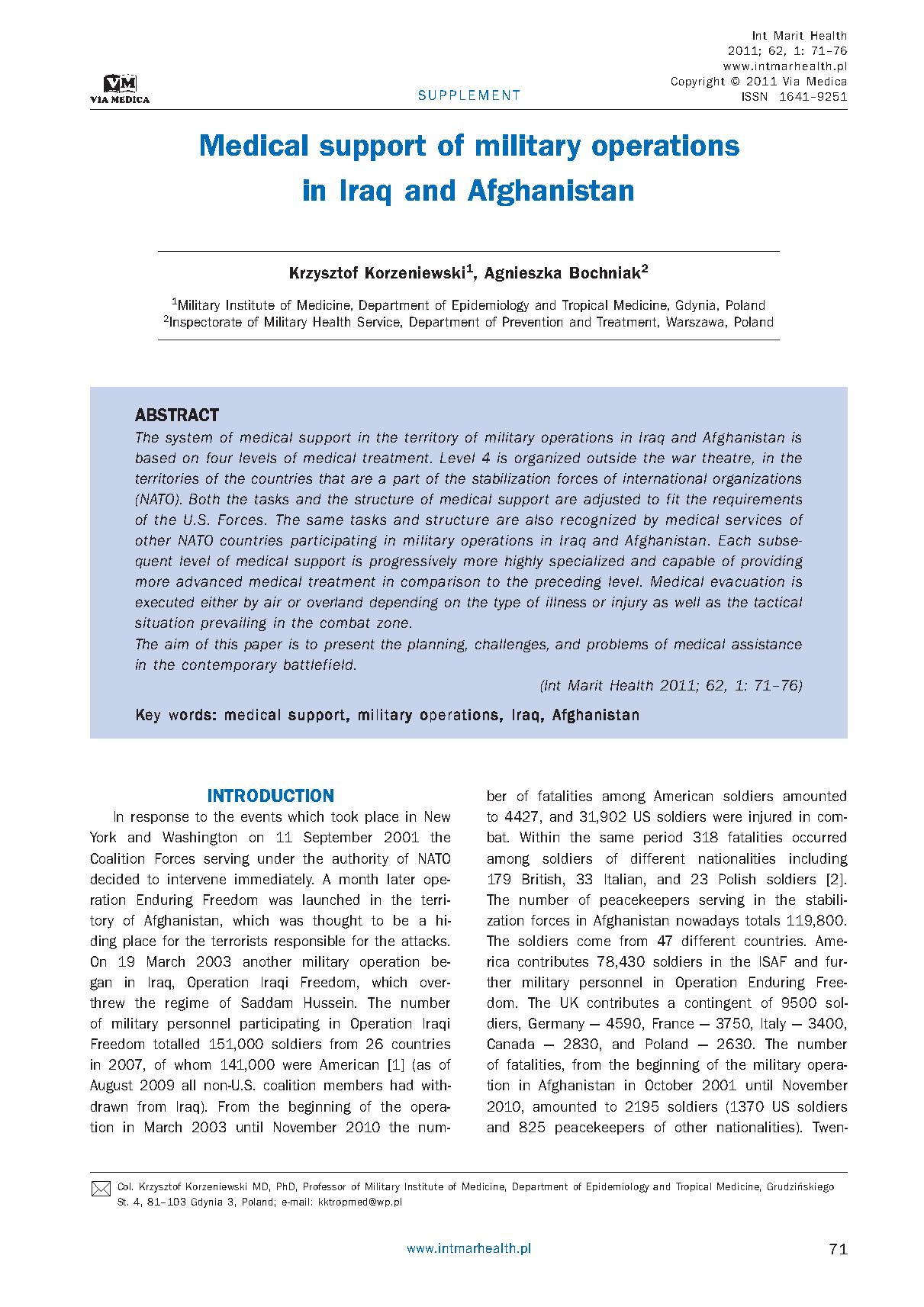 Medical support of military operations in Iraq and Afghanistan