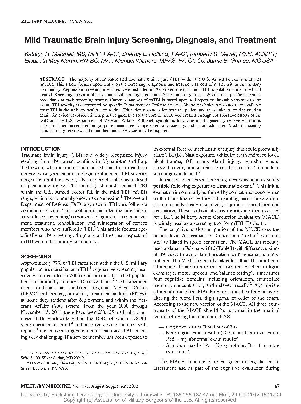 Mild Traumatic Brain Injury Screening, Diagnosis, and Treatment