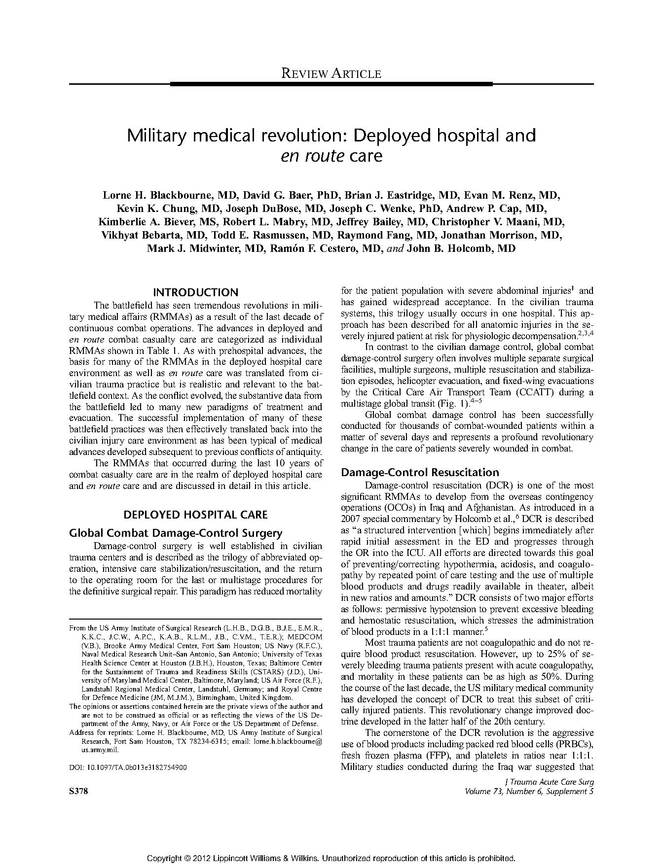 Military medical revolution: Deployed hospital and en route care