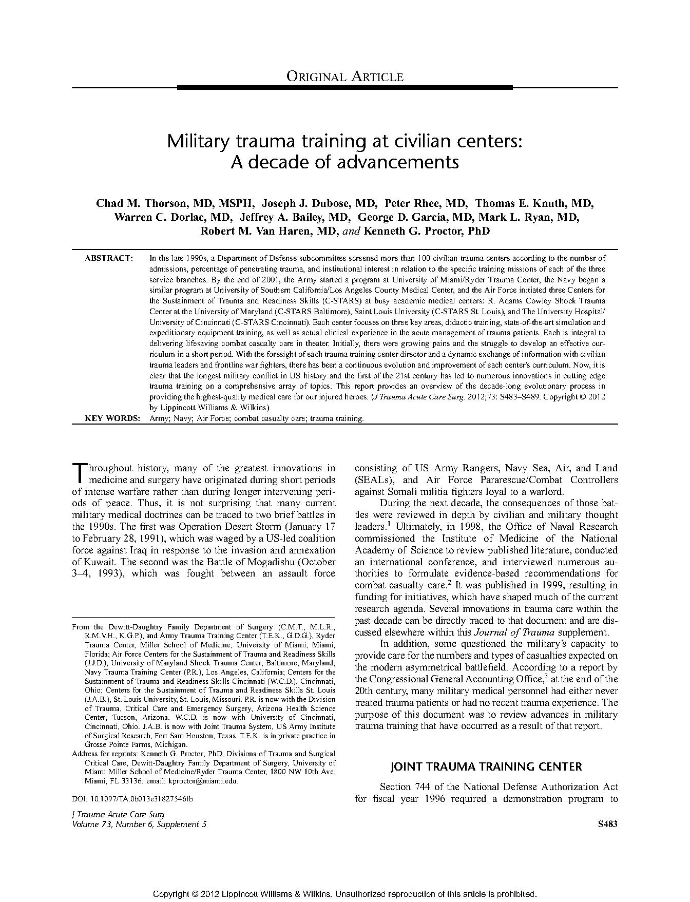 Military trauma training at civilian centers: A decade of advancements
