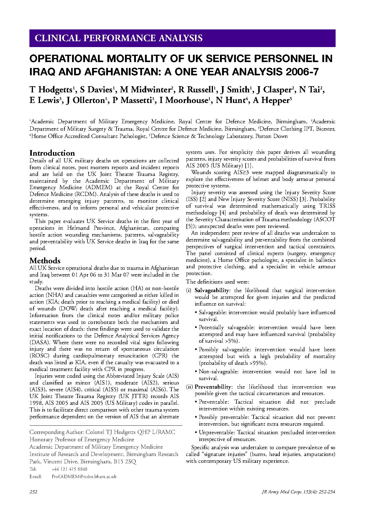 Operational mortality of uk service personnel in Iraq and Afghanistan