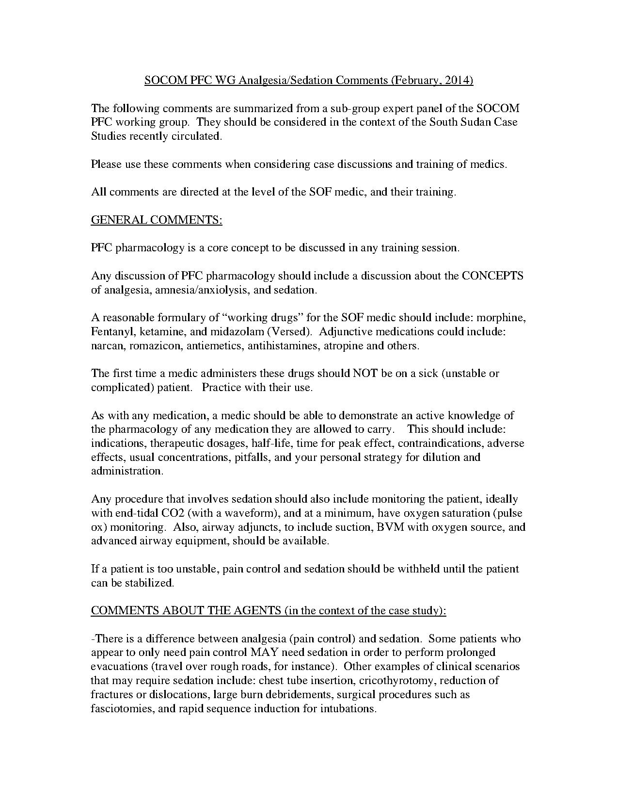 SOCOM PFC WG Analgesia/Sedation Comments