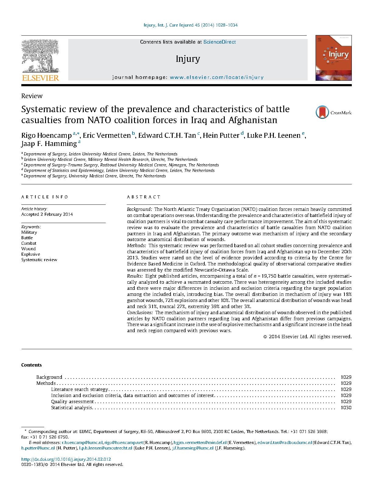 Systematic review of the prevalence and characteristics of battle casualties from NATO coalition forces in Iraq and Afghanistan