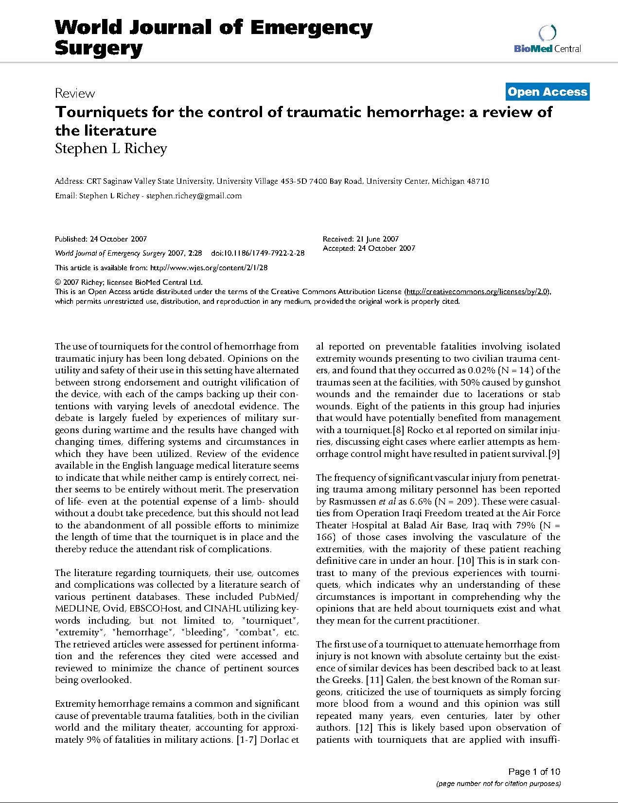 Tourniquets for the control of traumatic hemorrhage: a review of the literature
